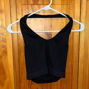 Black ribbed knit stretchy halter v neck tank top